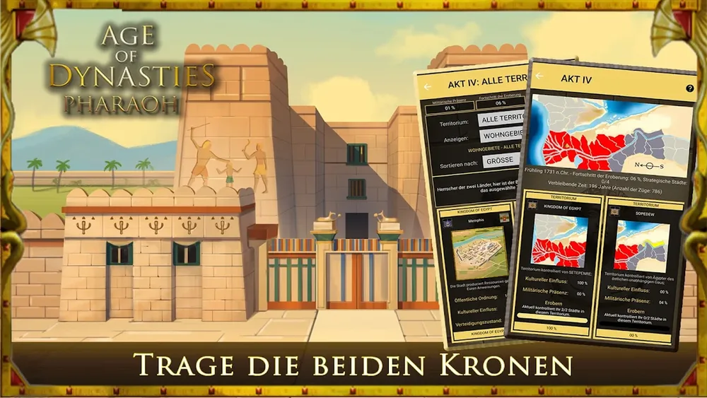 Age of Dynasties: Tempelfassade am Nil mit dem Schriftzug „Trage die beiden Kronen“