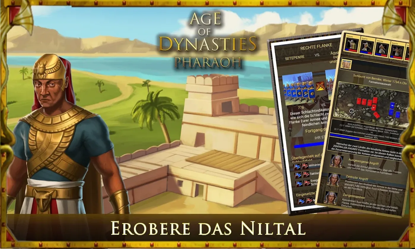 Age of Dynasties: Pharao am Nilufer, daneben die Karten- und Ratsbildschirme des Spiels