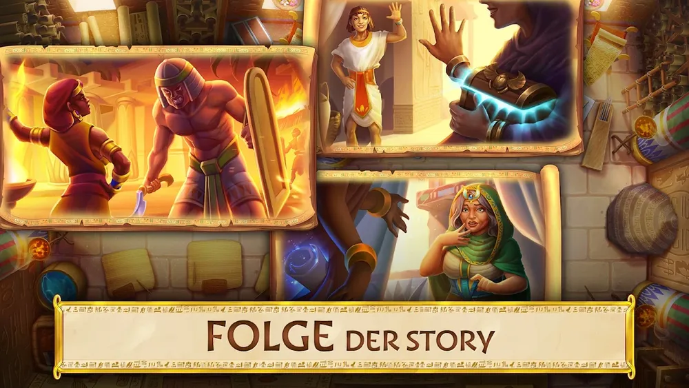 Jewels of Egypt: Comicpanels der Rahmenhandlung mit dem Hinweis „Folge der Story“