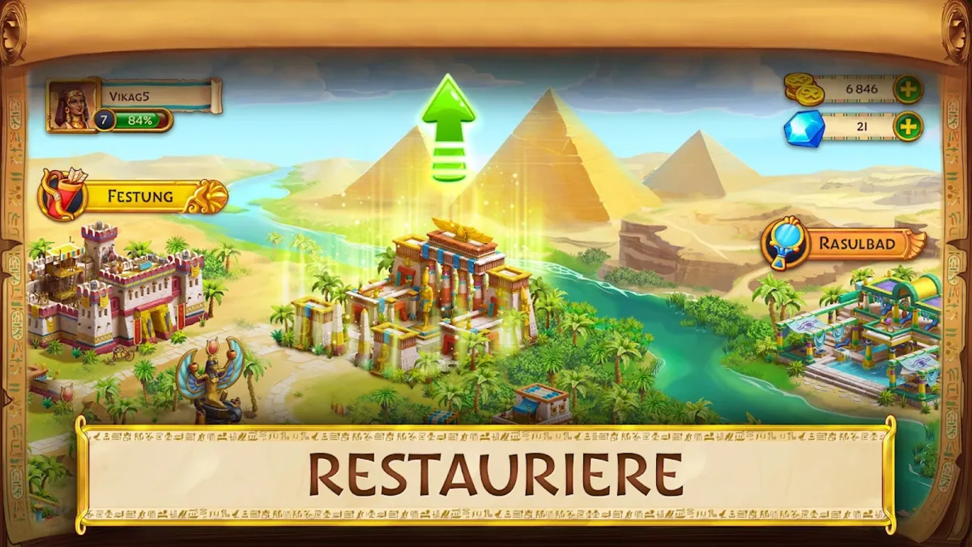 Jewels of Egypt: Aufbaukarte mit Pyramiden und wiederhergestellten Gebäuden