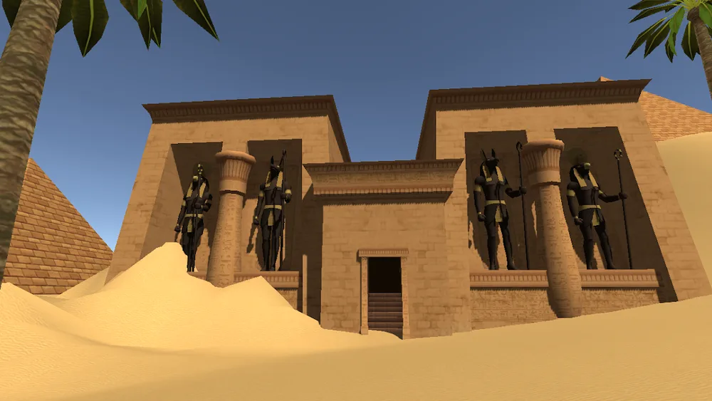 Mummy Egypt Treasure Hunt: Tempeleingang in der Wüste, flankiert von zwei Wächterstatuen