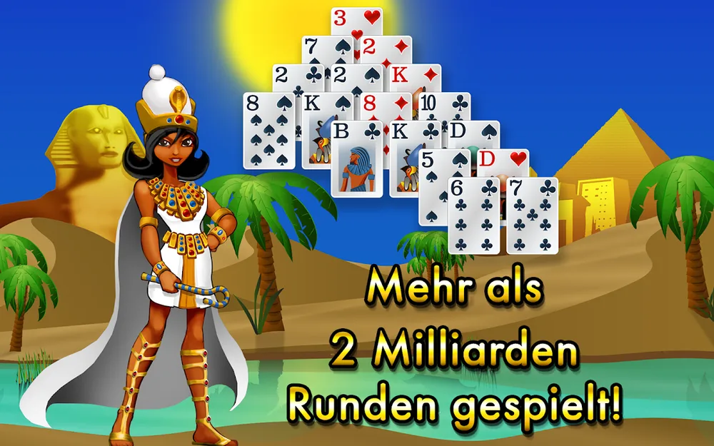 Pyramid Solitaire Egypt: Kartenpyramide vor Sphinx und Wüste, „Mehr als 2 Milliarden Runden gespielt“