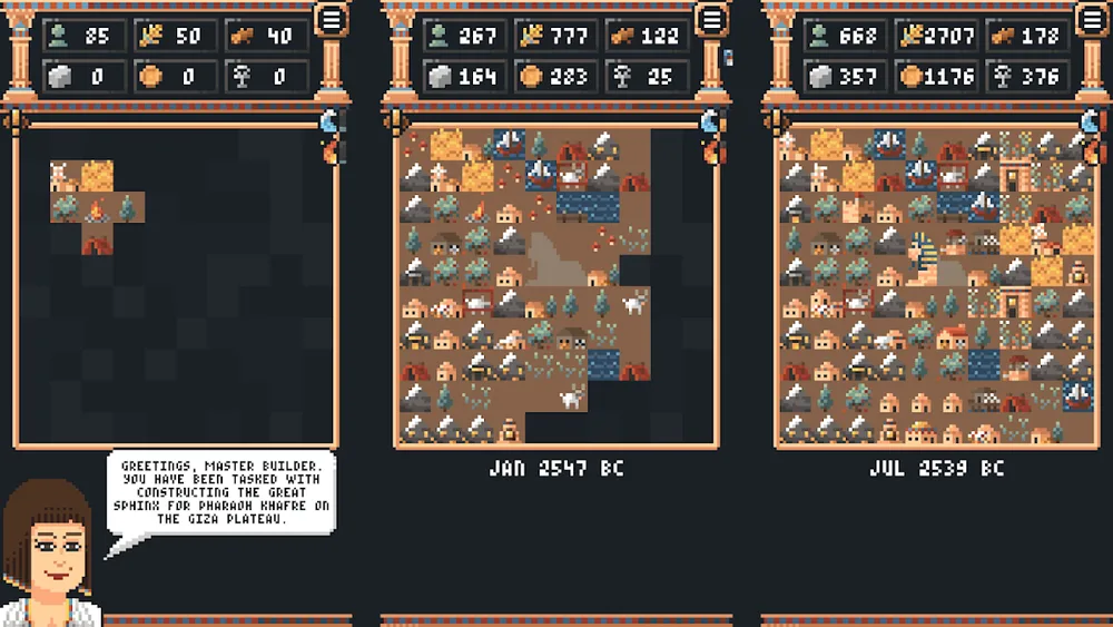 Tiny Pharaoh: drei Pixel-Spielstände mit den Daten Jan 2547 v. Chr. und Jul 2539 v. Chr.