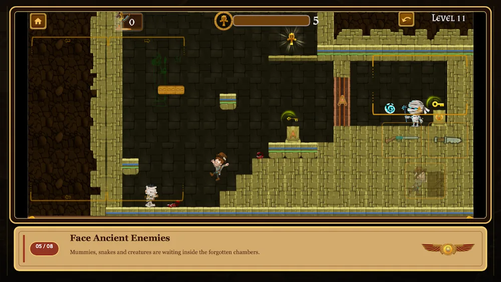Escape Pharaoh's Tomb: Pixel-Grabkorridor mit der Aufgabe „Face Ancient Enemies“